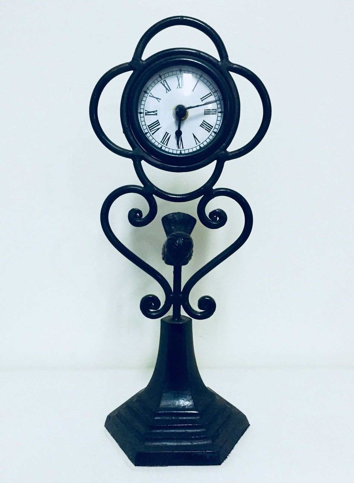 Decorative gray DESK or TABLE CLOCK, 13” high, Iron, excellent condition