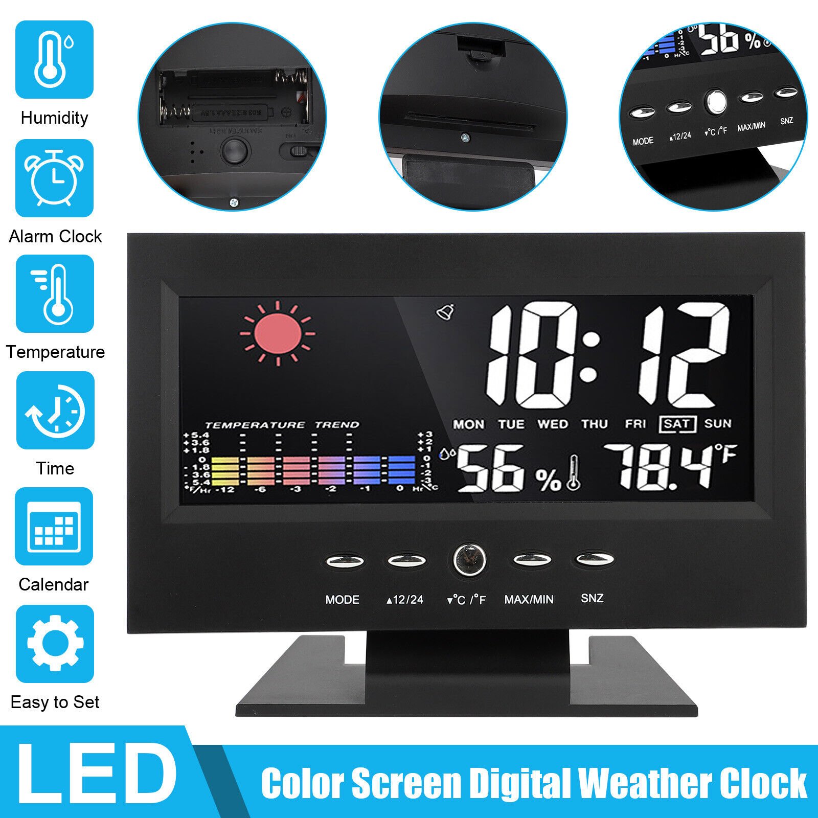 Desk Digital Alarm Clock Snooze Calendar Temperature Humidity LCD Color Display