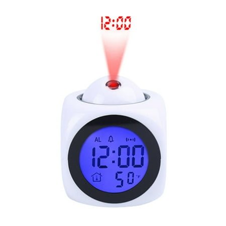 Digital Alarm Clock LCD Desk Snooze Clock Display Time Indoor Temperature, Time Projection, Voice Talking, Blue or Green Backlight