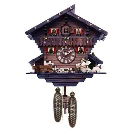Eight Day Chalet Cuckoo Clock with Carved Deer, Dog, and Beer Drinker Drinking Beer 12 Inches Tall