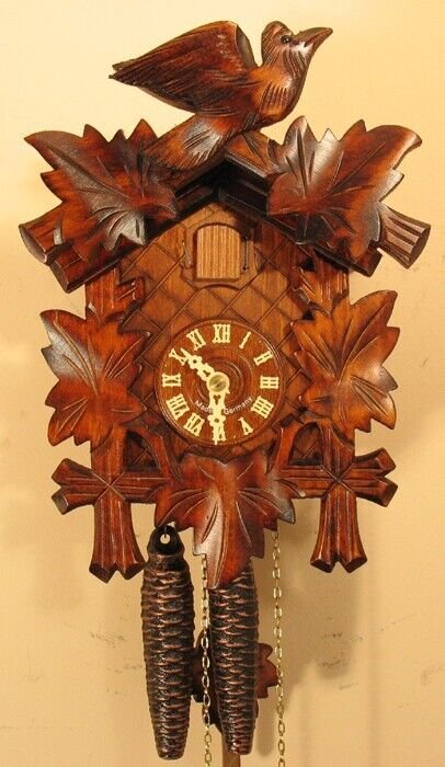 GERMAN CUCKOO CLOCK BIRD and LEAF Walnut 1 DAY Movement Mechanical BLACK FOREST