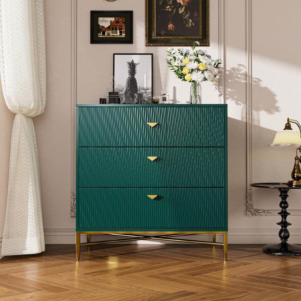Green 3-Drawer Water Ripple Finish Designs Wood Nightstand with Square Support Legs