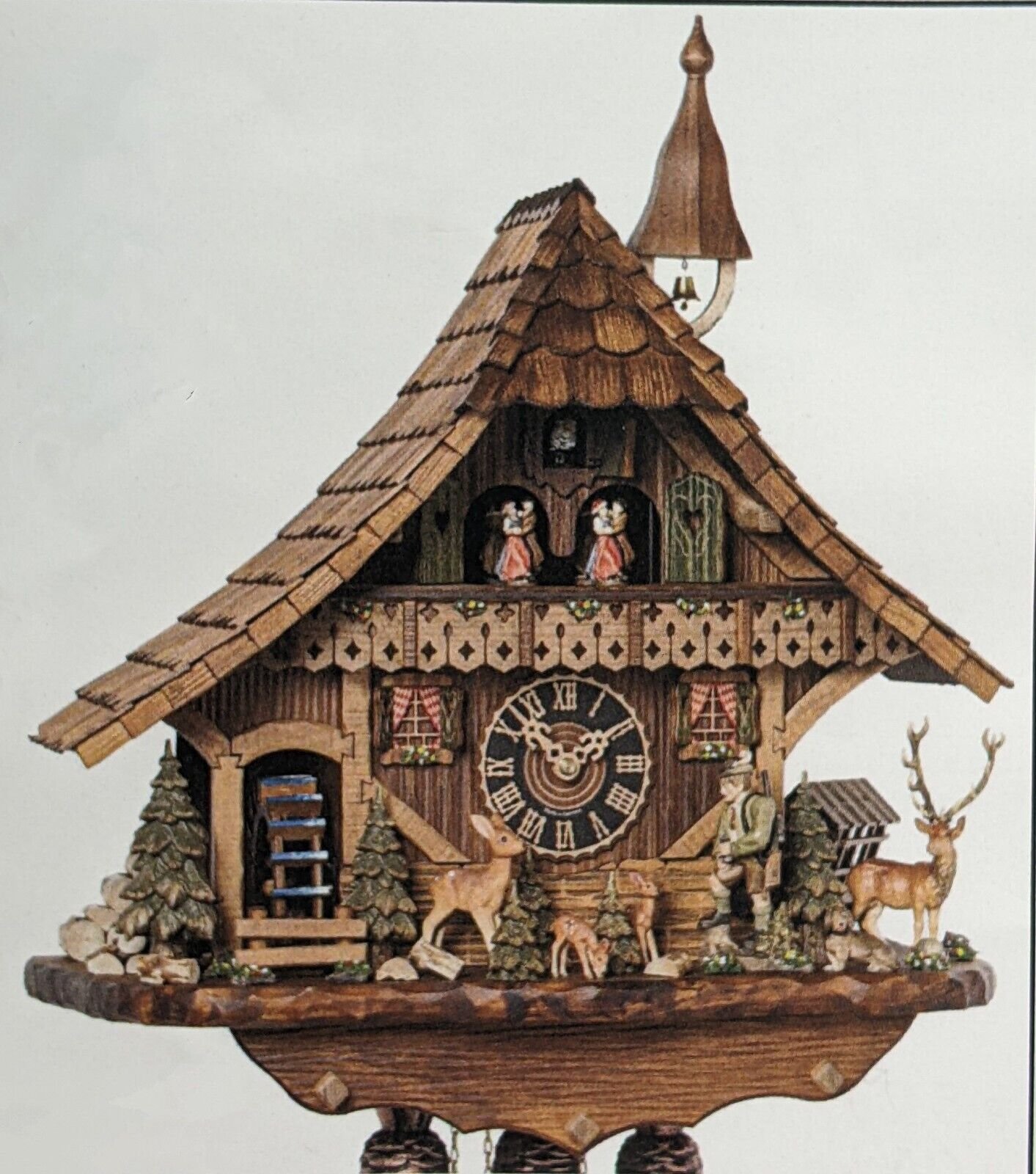 Hones 8 Day 20.5" Musical Hunter & Deer Chalet Cuckoo Clock Germany Black Forest