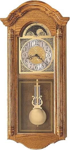 Howard Miller Clay Wall Clock II 547-468 – Golden Oak, Brass Pendulum Home Decor with Quartz Dual-Chime Movement