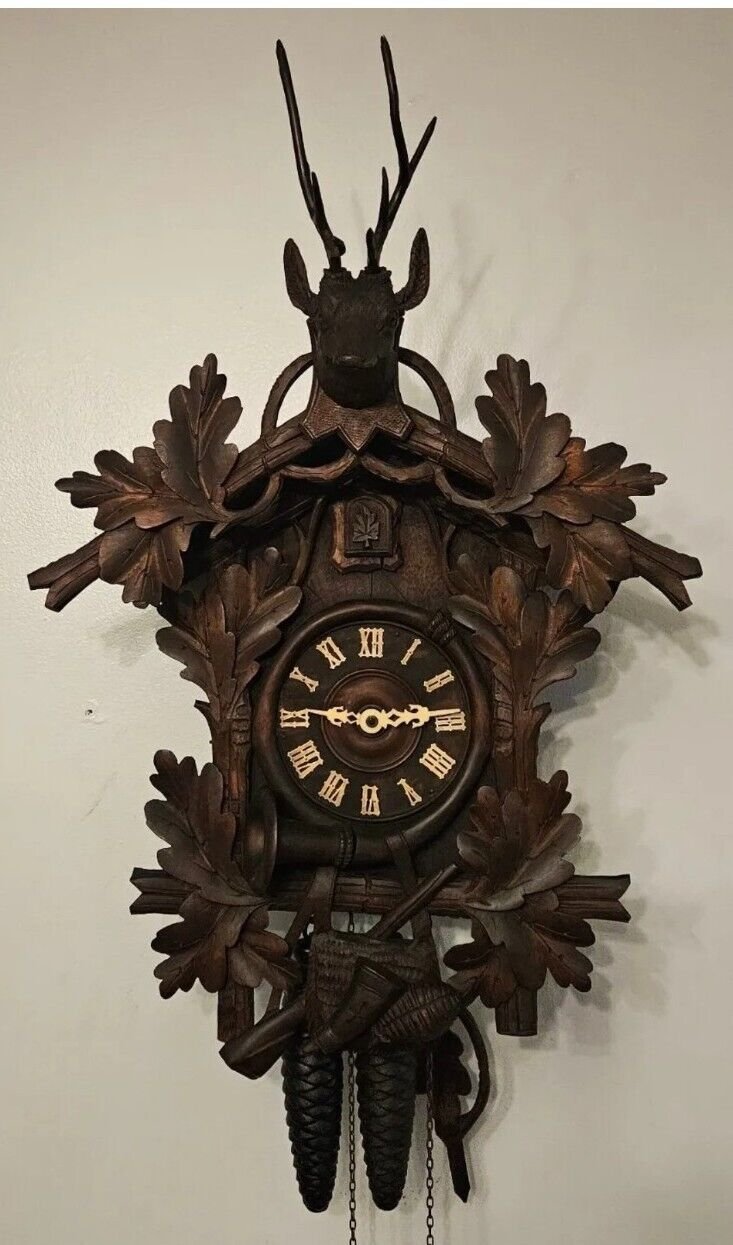 Hunters Carved Dark Walnut Wood-Guts Stamped 13 Cuckoo Clock,24x16x11"-Need Gear