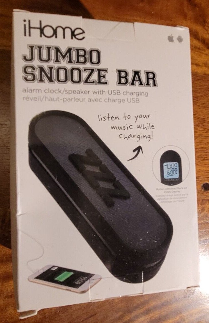 IHome iM14 Jumbo Snooze Bar Alarm Clock Speaker with USB Charging, Black - New