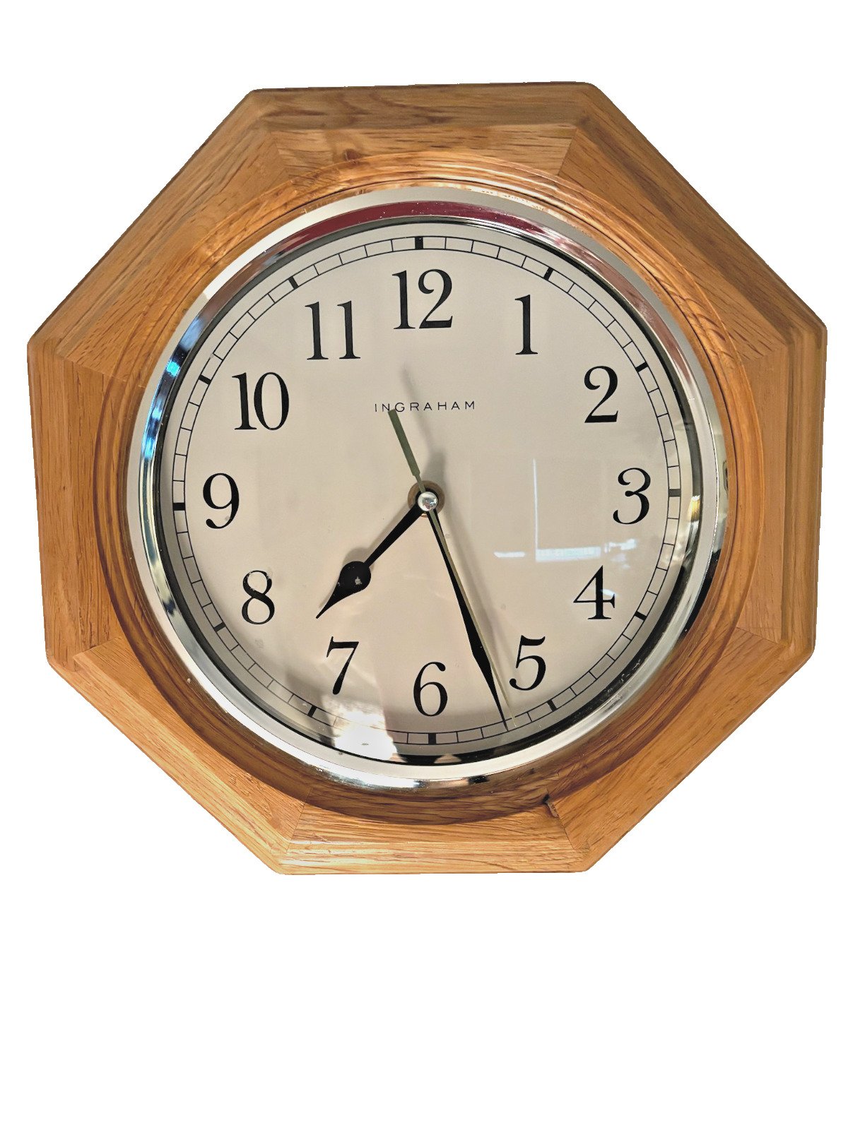 Ingraham12" Hexagonal Shaped Quartz Oak Frame Wall Clock In Good Condition Works