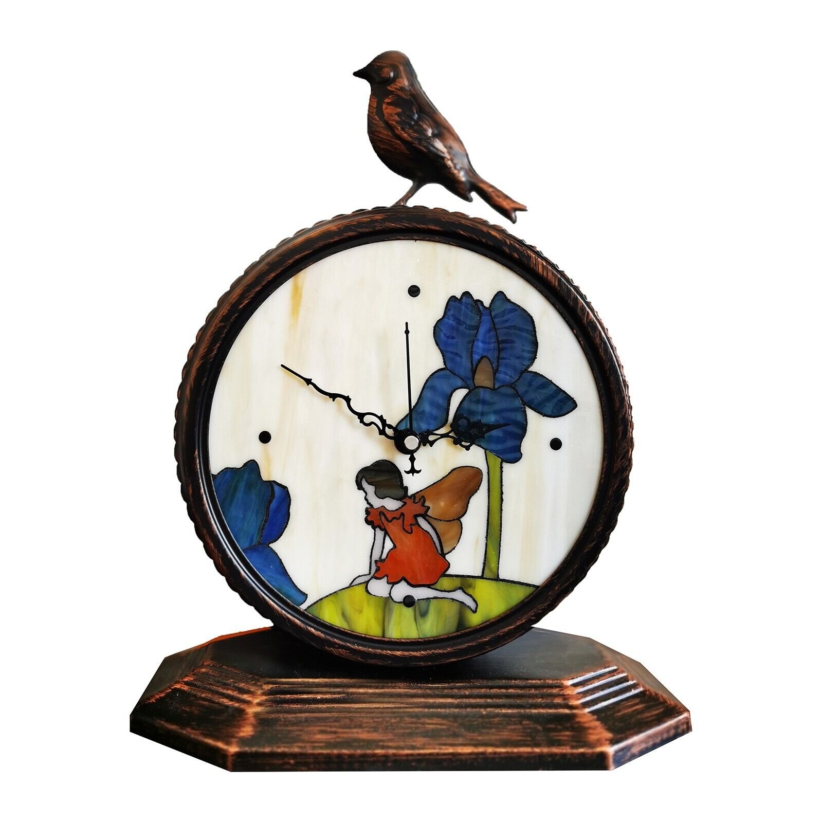 Iris fairy clock,Unique Table Clock, home decor , Stained Glass Clock furnishing
