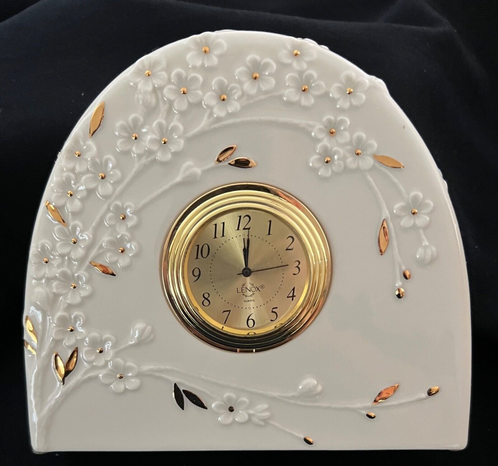 Lenox Cherry Blossoms Porcelain Desk~Mantel Quartz Clock w/24K Gold Accents~EUC