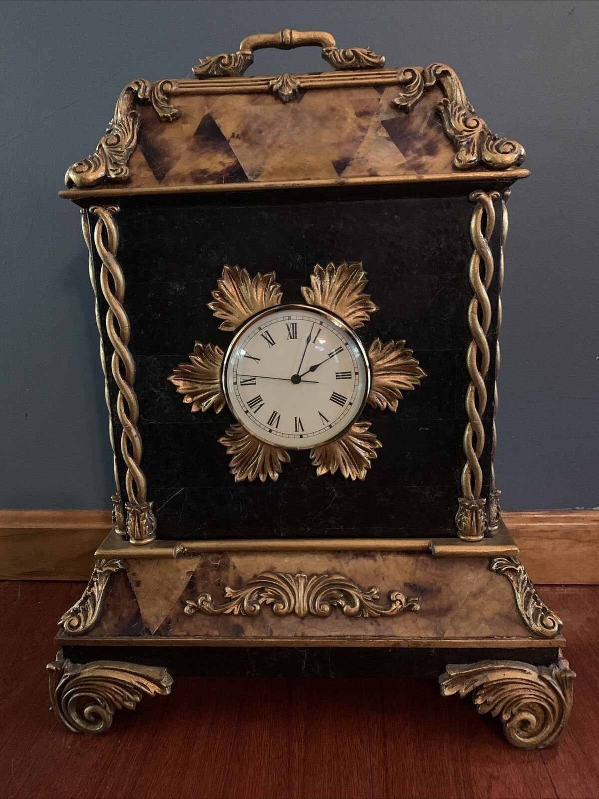 MAITLAND SMITH Mantel Faux Tortoise Shell Marble Gold Clock made In Philippines