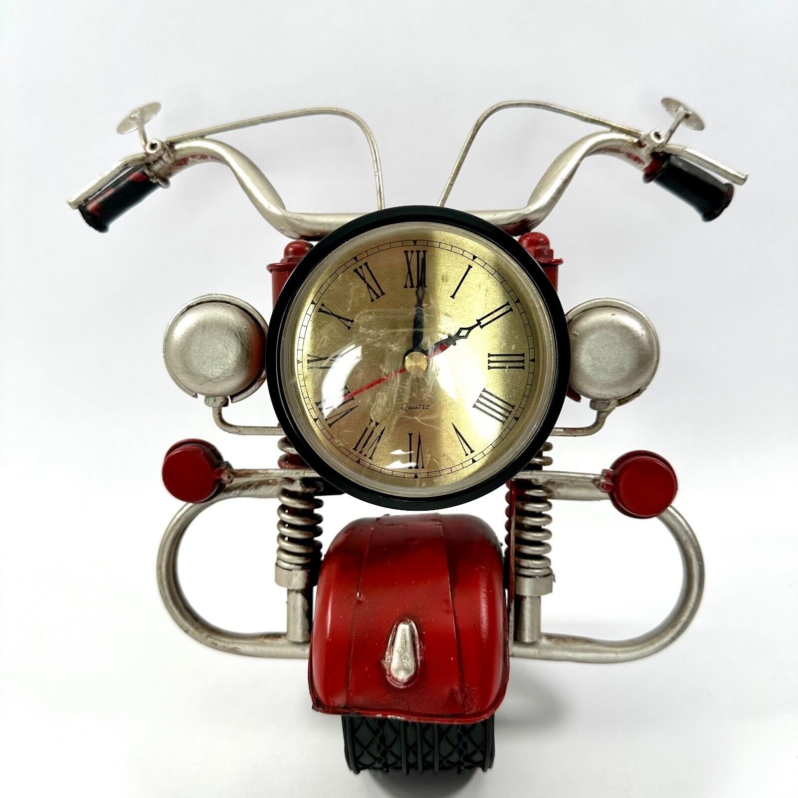 Metal Motorcycle Clock Table Top Red Clock Lens Scratched 8 1/2" Tall