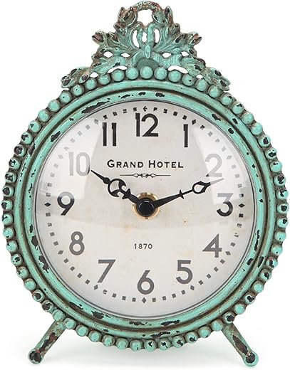 NIKKY HOME Antique Table Clock Silent Non-Ticking, Small Shelf Desk Top Clock Battery Operated Rustic Distressed Design, Shabby Chic Home Decor for Fireplace Mantel, Desktop, Countertop- Green