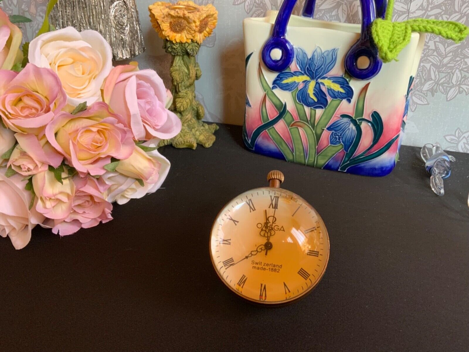 OMEGA Watch Glass Paperweight Desk Clock Switzerland 1882 GOOD WORKING ORDER