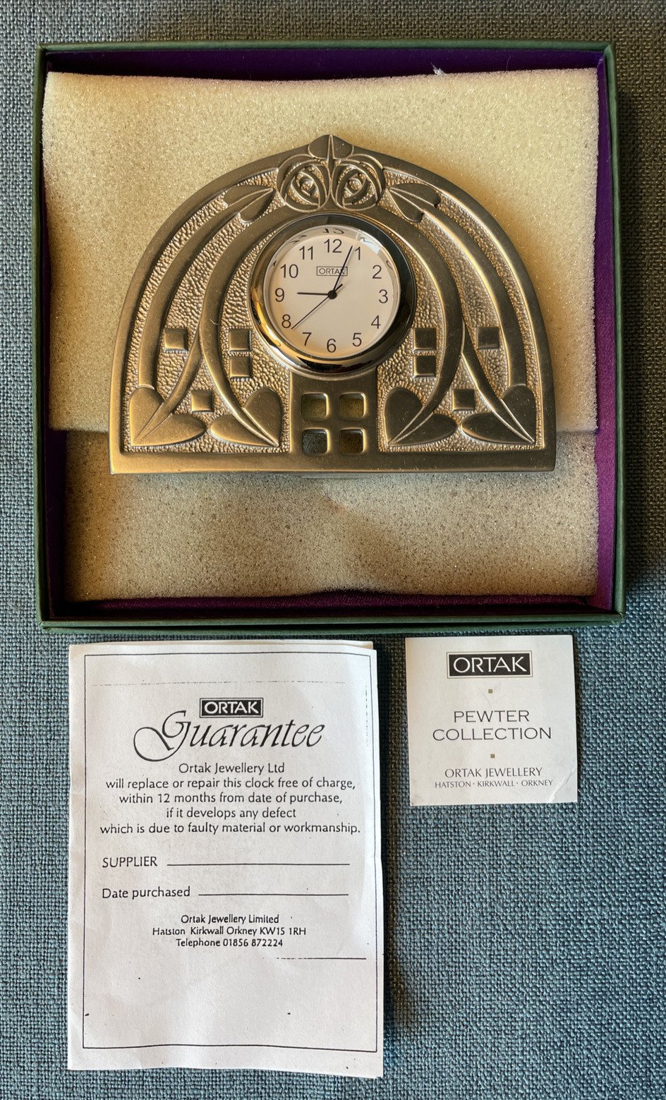 Ortak Pewter Charles Rennie Mackintosh Desk Clock Mint in Original Box Scotland