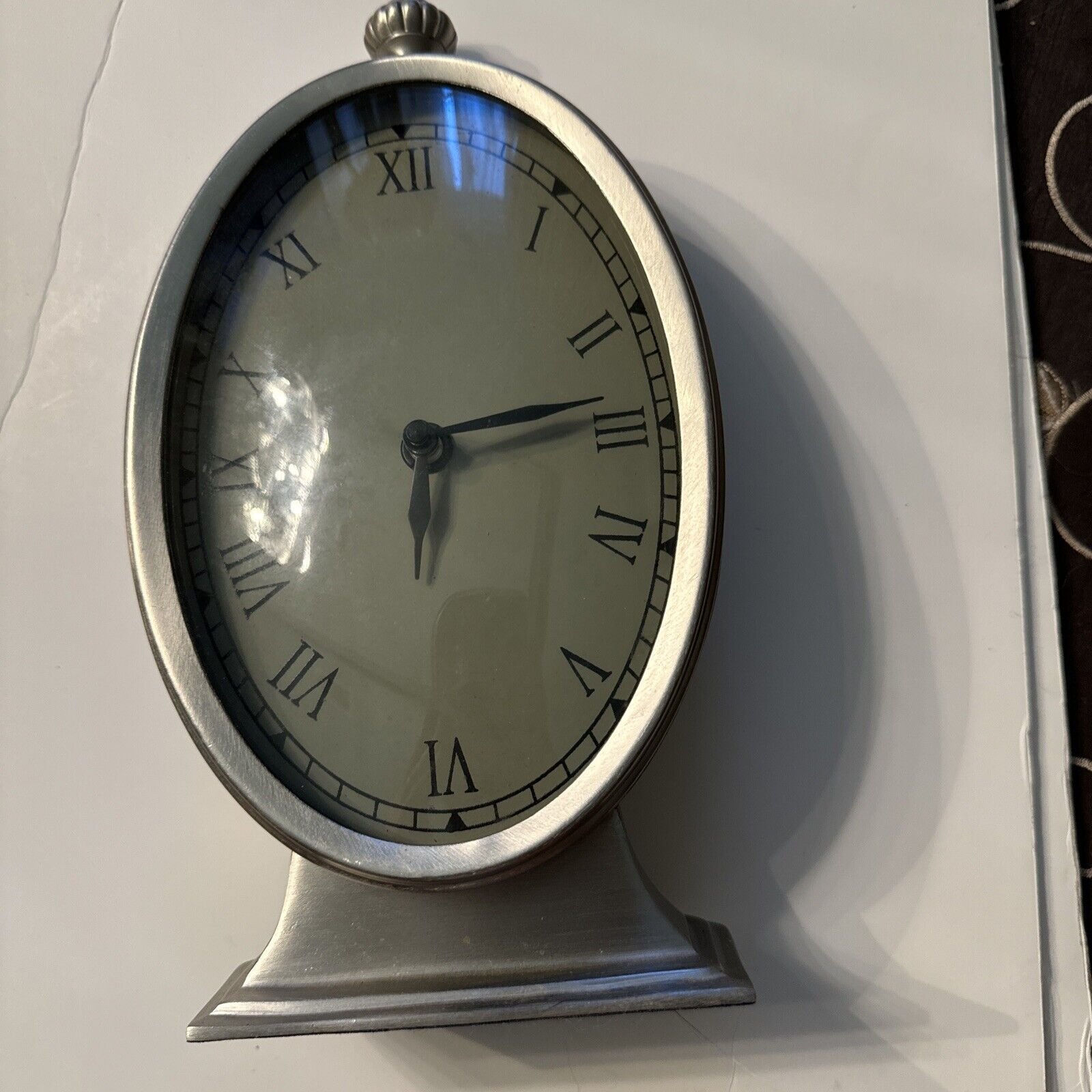 Oval Silver Desk Mantel Clock Roman Numbers