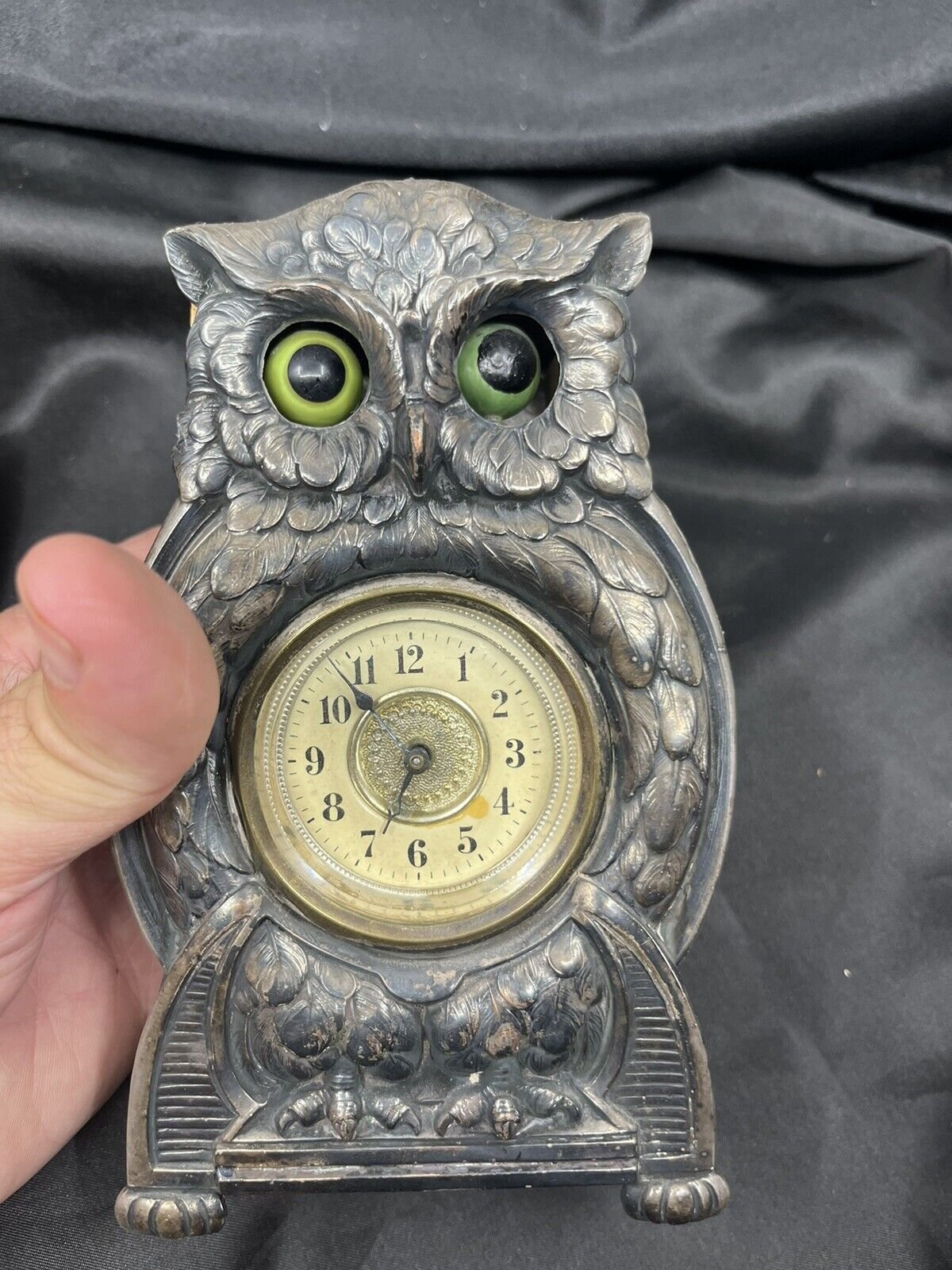 OWL SILVER GERMAN CLOCK MOVING EYES