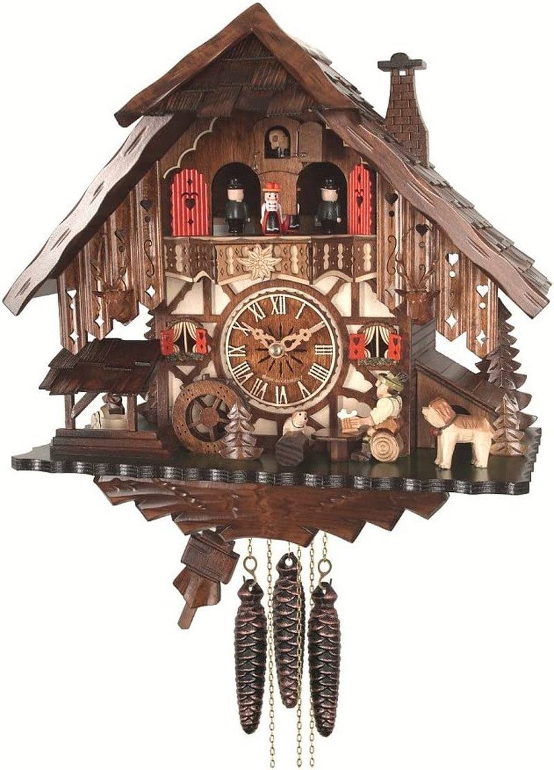 Quartz Cuckoo Clock Black Forest House with Moving Beer Drinker and Mill Wheel,