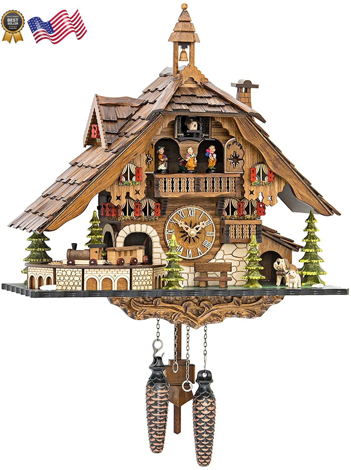 Quartz Cuckoo Clock Black Forest House with Moving Train with Music EN 48110 QMT