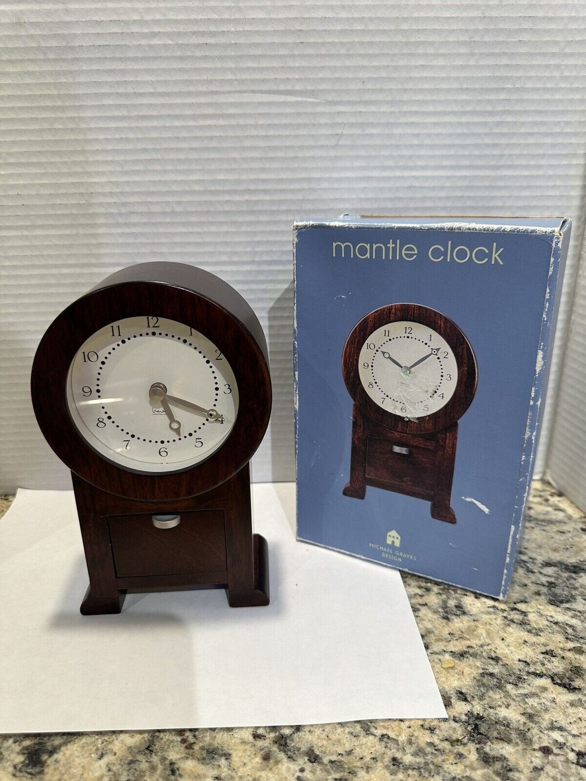 Rare Vintage MICHAEL GRAVES Wooden Desk Mantel Clock with DRAWER 7.5”H NEW + BOX