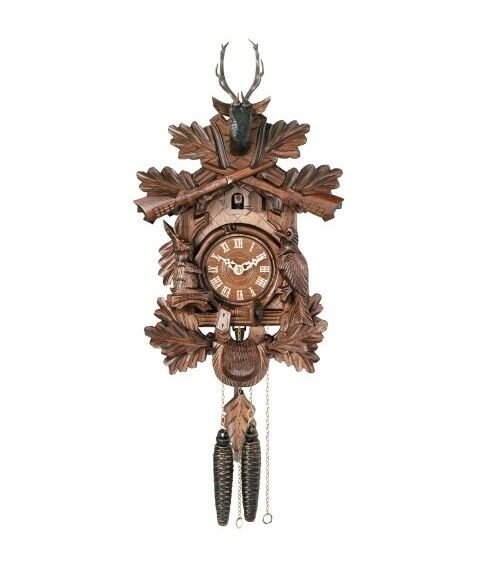 River City 1 Day Hunter's Hand-Carved Leaves Animals Rifles 16" Cuckoo Clock