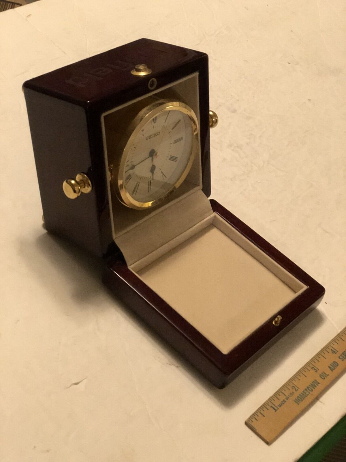 Seiko Desk Clock QHG607BLH Cherry Wood Box Dial Ship Style-please read