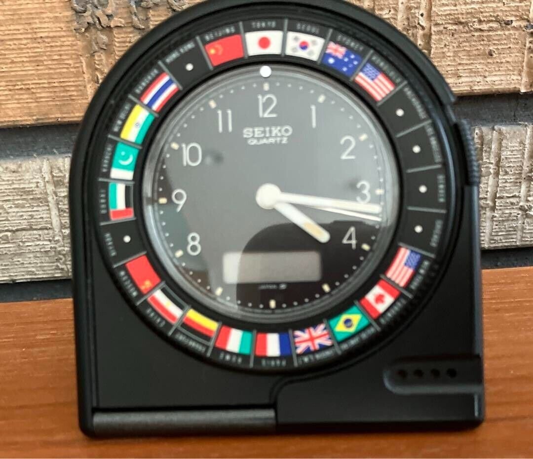 SEIKO Tabletop World Clock Quartz Alarm Clock QQ516N Black Japan Import Working