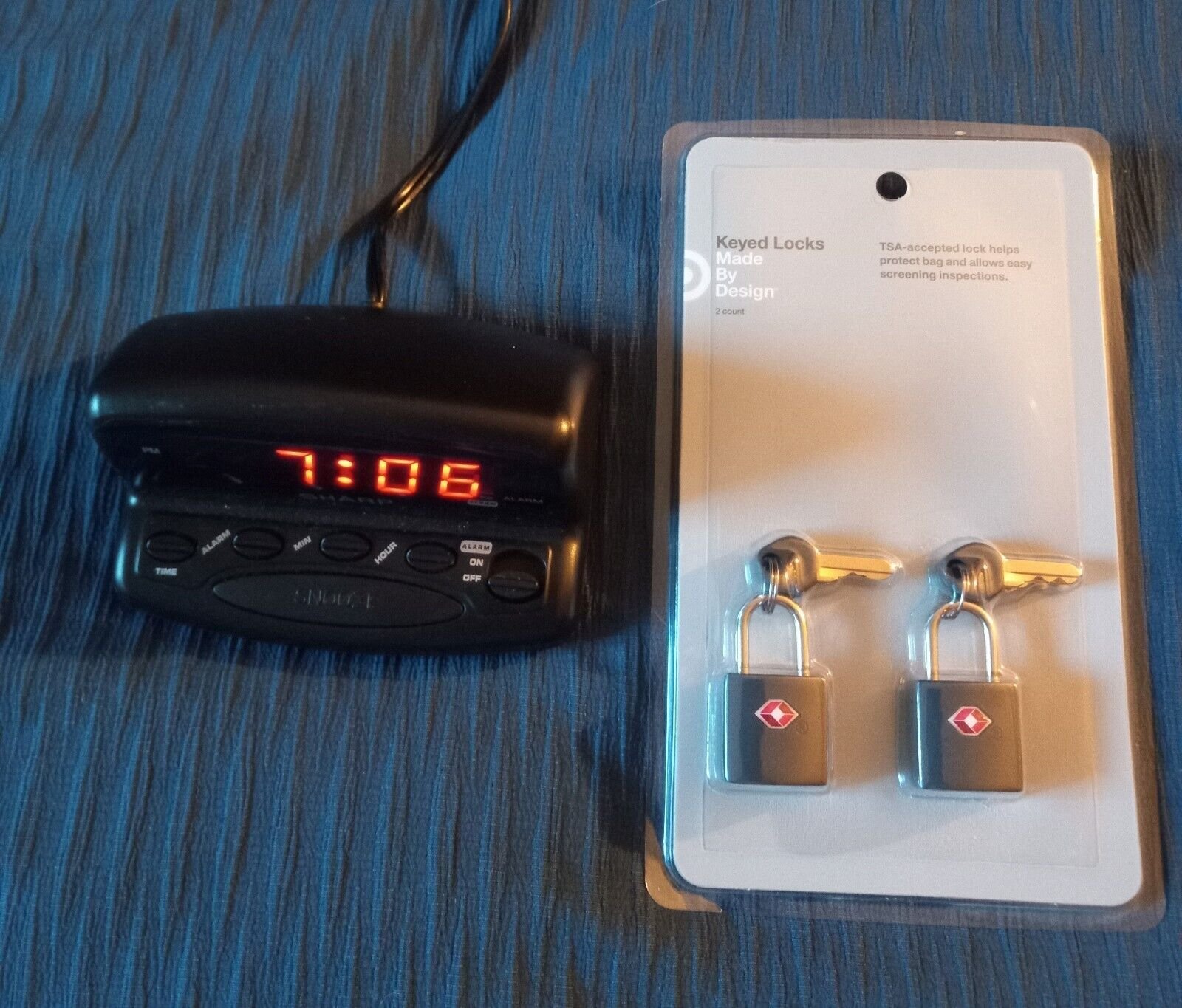Sharp Travel Alarm Clock With Unopened Travel Luggage Keyed Locks combo.