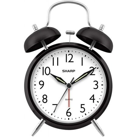 SHARP Twin Bell Alarm Clock - Loud Alarm - Great for Heavy Sleepers - Battery Operated Quartz Analog Clock (Midnight Black)