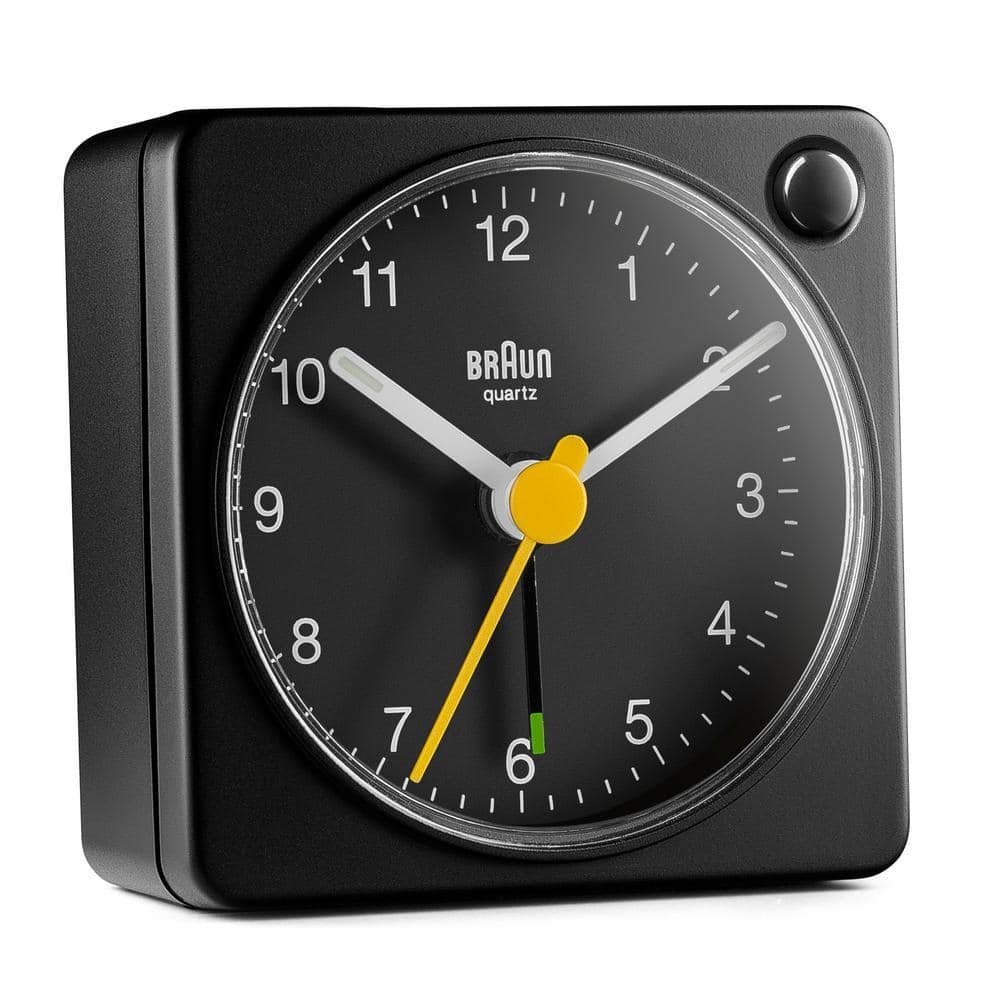 Sleek Black Travel Alarm Clock with Snooze, Light and Quiet Quartz Movement