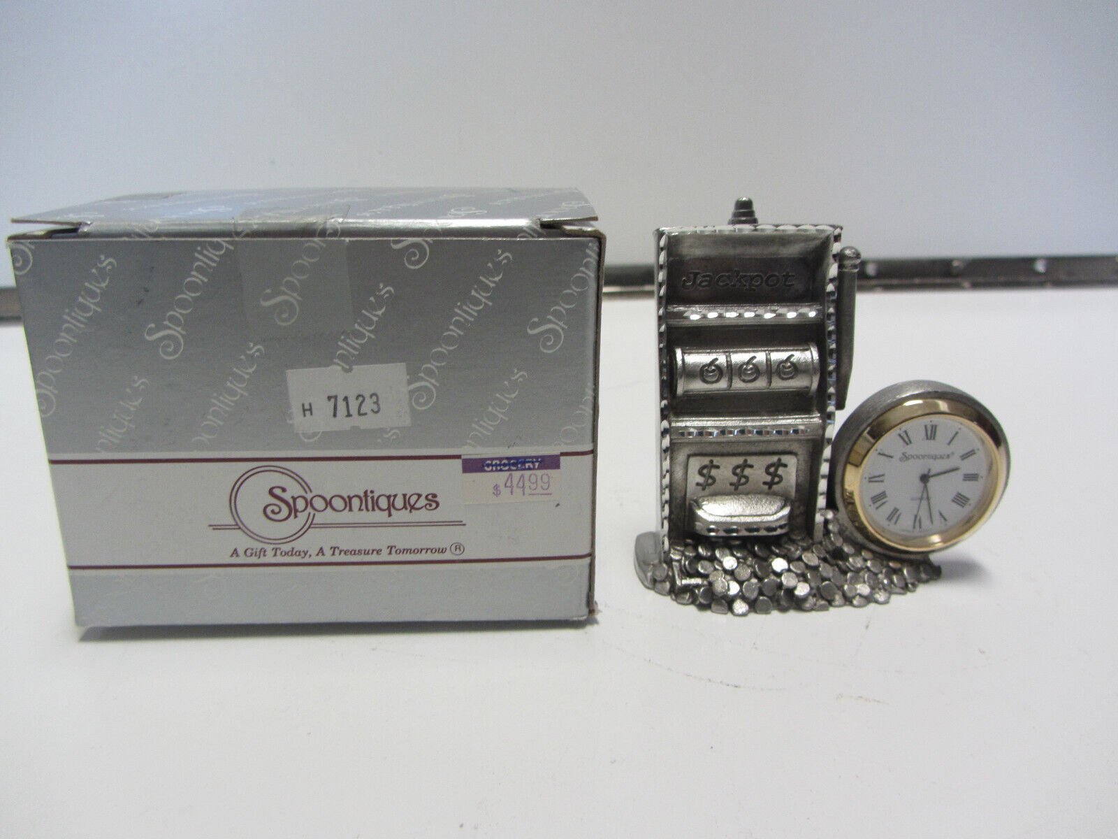 SPOONTIQUES PEWTER #7123 DESK CLOCK SLOT MACHINE JACKPOT 3-1/4" TALL