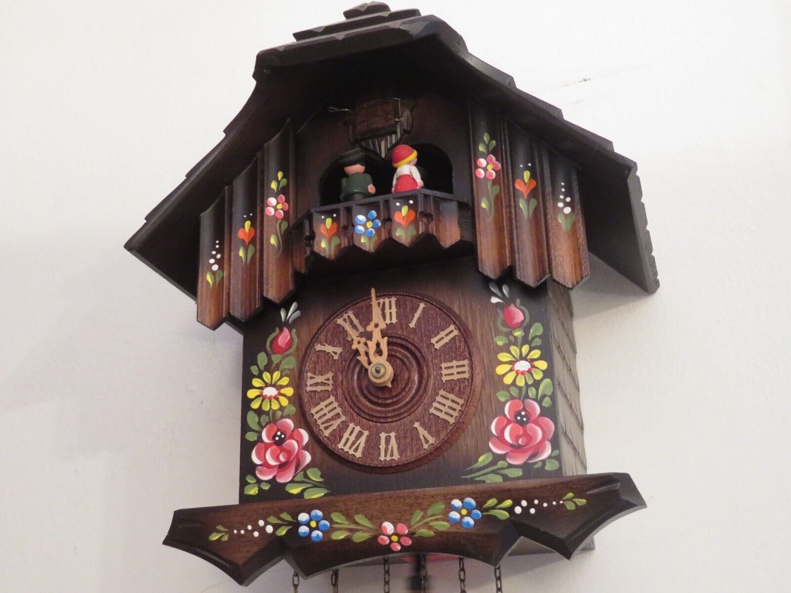 Vintage 1996 Schneider Cuckoo Clock German Brown Painted Flowers Chime