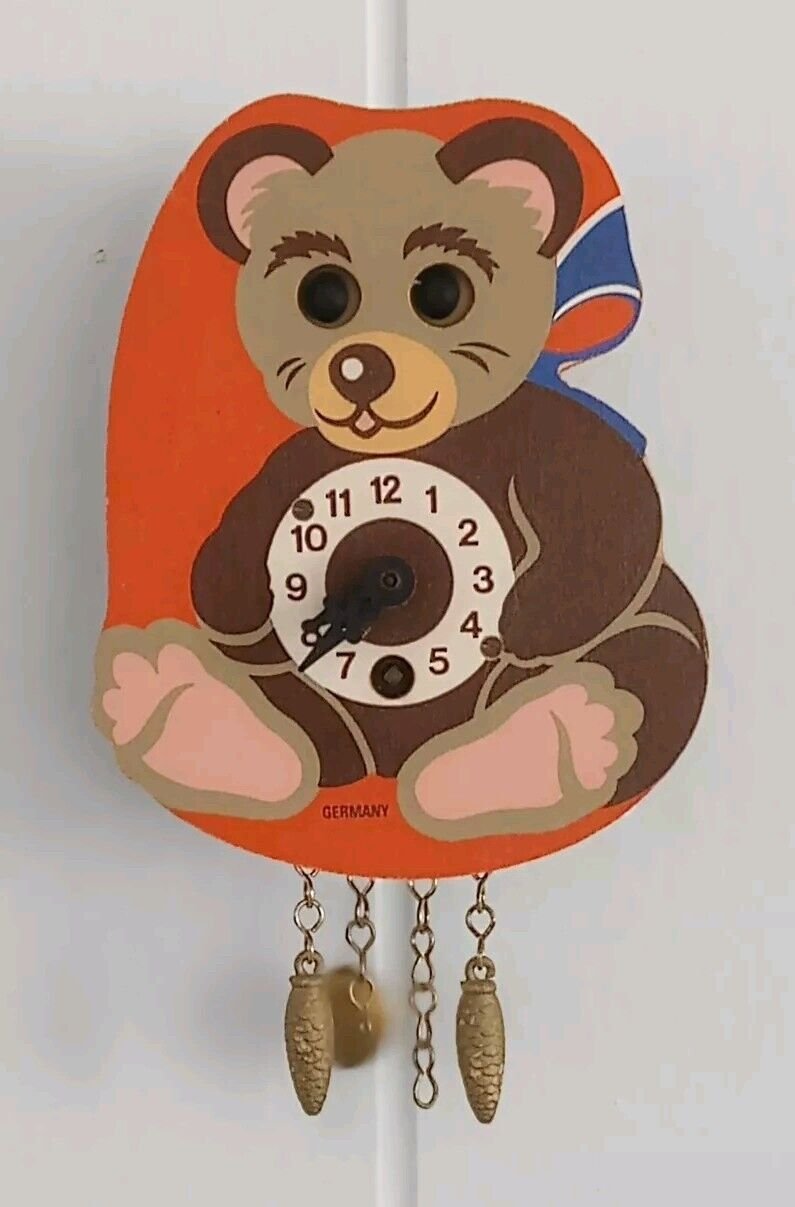 Vintage Bear Moving Eye German Key Wind Pendulette Mini Wall Clock w/ Key