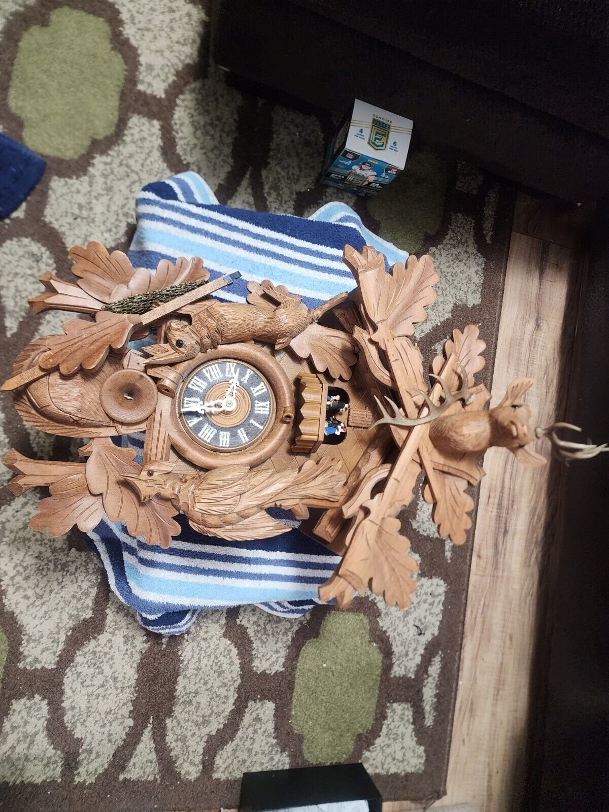 ✨ Vintage Black Forest Hunter Cuckoo Clock Hand-Carved Deer Rabbit Bird 14.5"