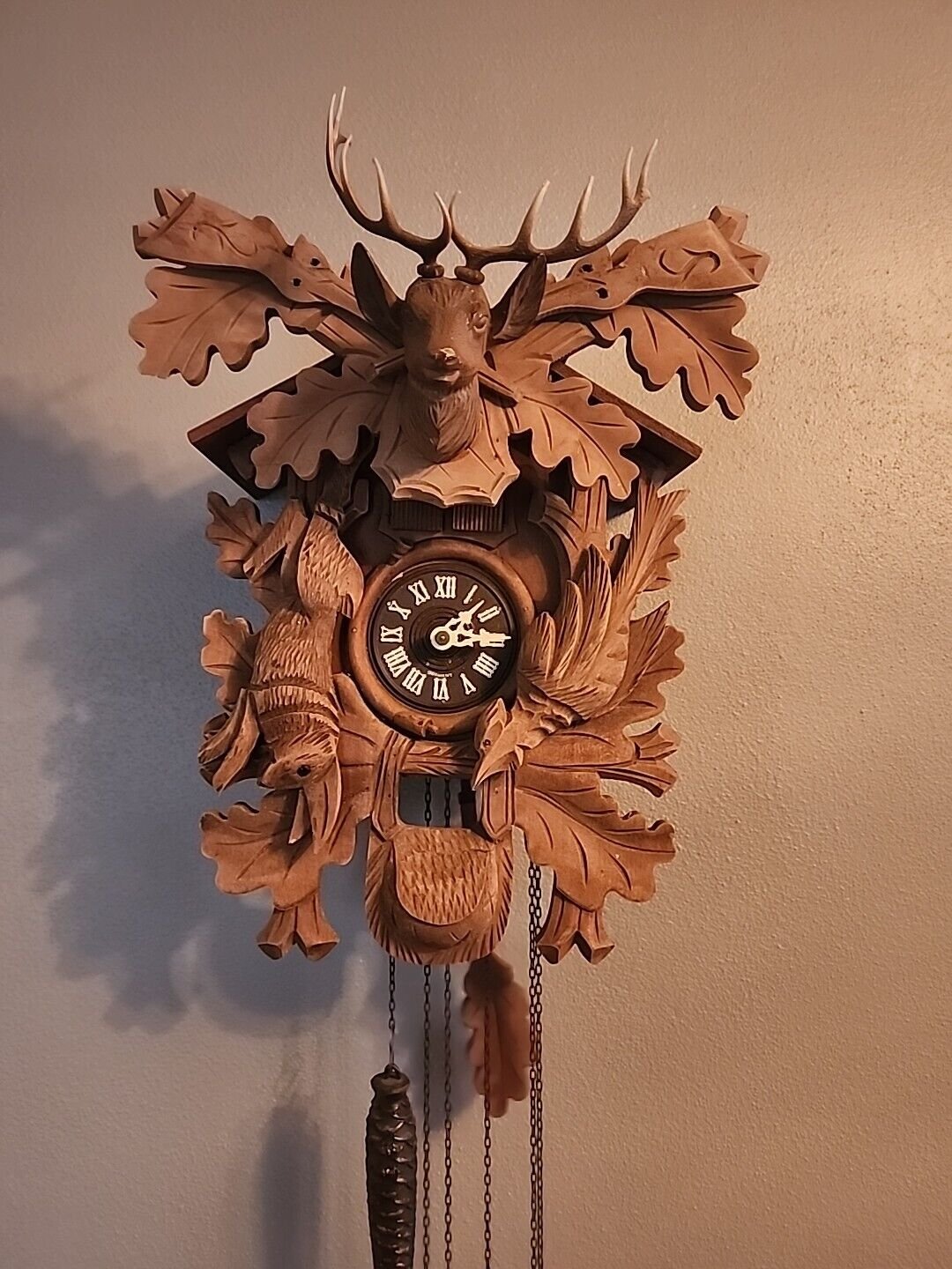 ✨ Vintage Black Forest Hunter Cuckoo Clock Hand-Carved Deer Rabbit Bird 16"