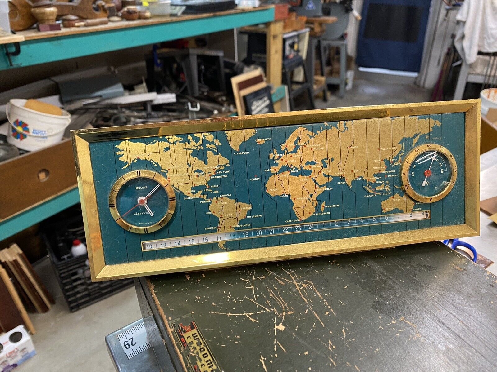 Vintage Bulova World Desk Clock Swiss Made Thermometer Rare 1960’s B-2161