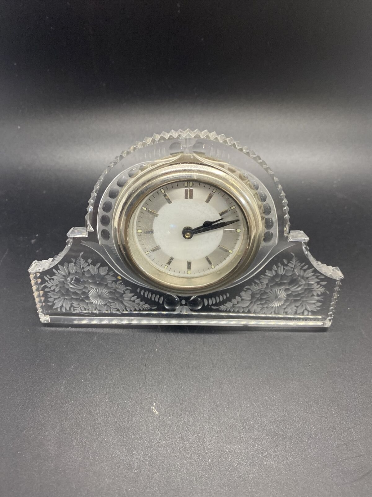 VINTAGE FANCY CZECH Cut CRYSTAL Floral LADIES DESK CLOCK