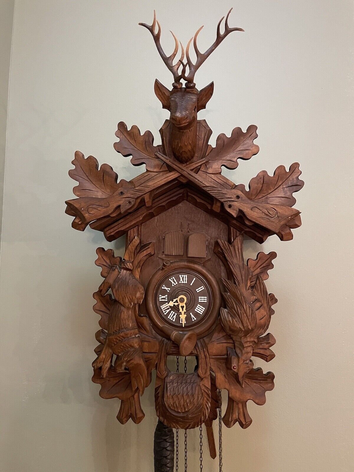 Vintage Germany Black Forest Hunter Style Cuckoo Clock, Working