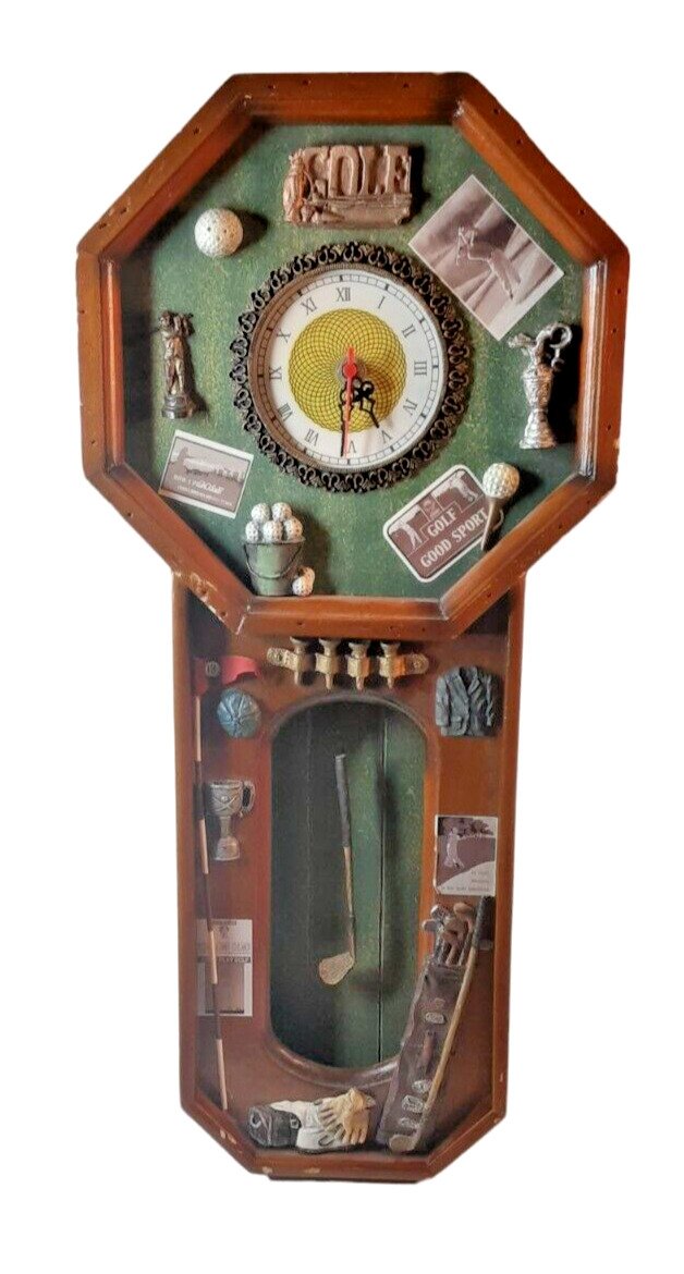 Vintage Golf Pendulum Wall Clock Brown Frame/Parts or Repair - 21.5"x10"