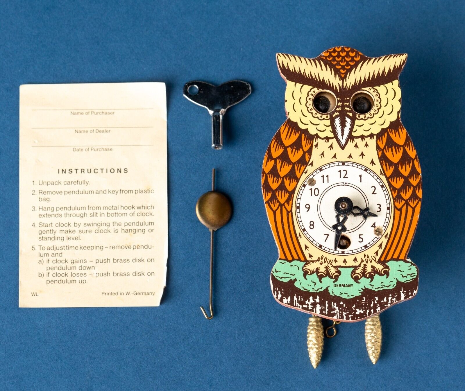 Vintage Owl Cuckoo Clock w/ Key & Box - Mini - Moving Eyes - Engstler Germany