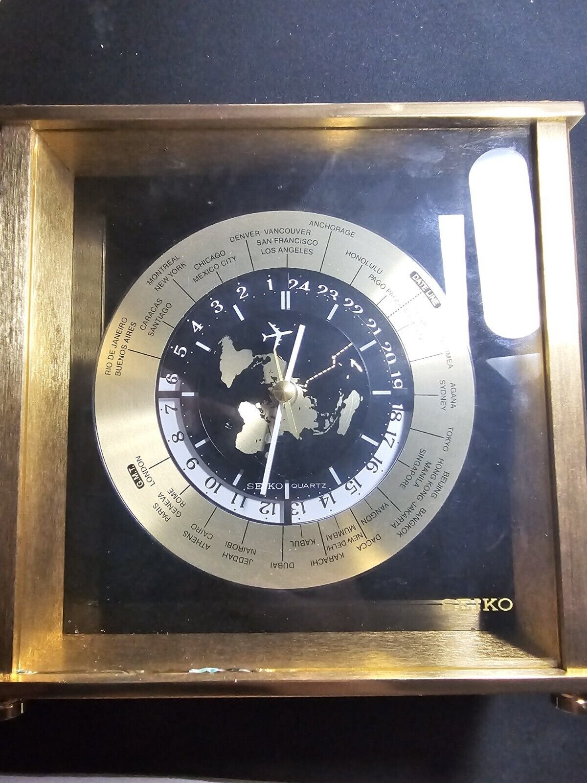 Vintage Seiko Quartz World Time Zone Clock With Airplane Second Hand Desk Mantle