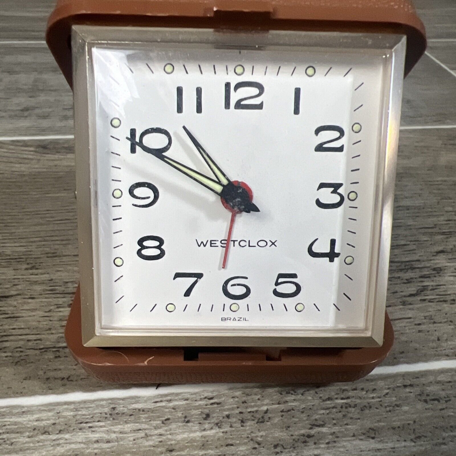 Vintage Westclox Travel Alarm Clock Wind Up Tan Folding Case Tested & Working