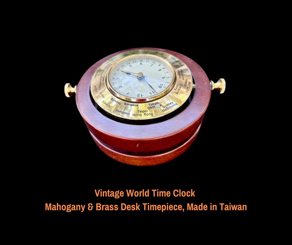 Vintage World Time Clock Mahogany & Brass Desk Timepiece Made in Taiwan