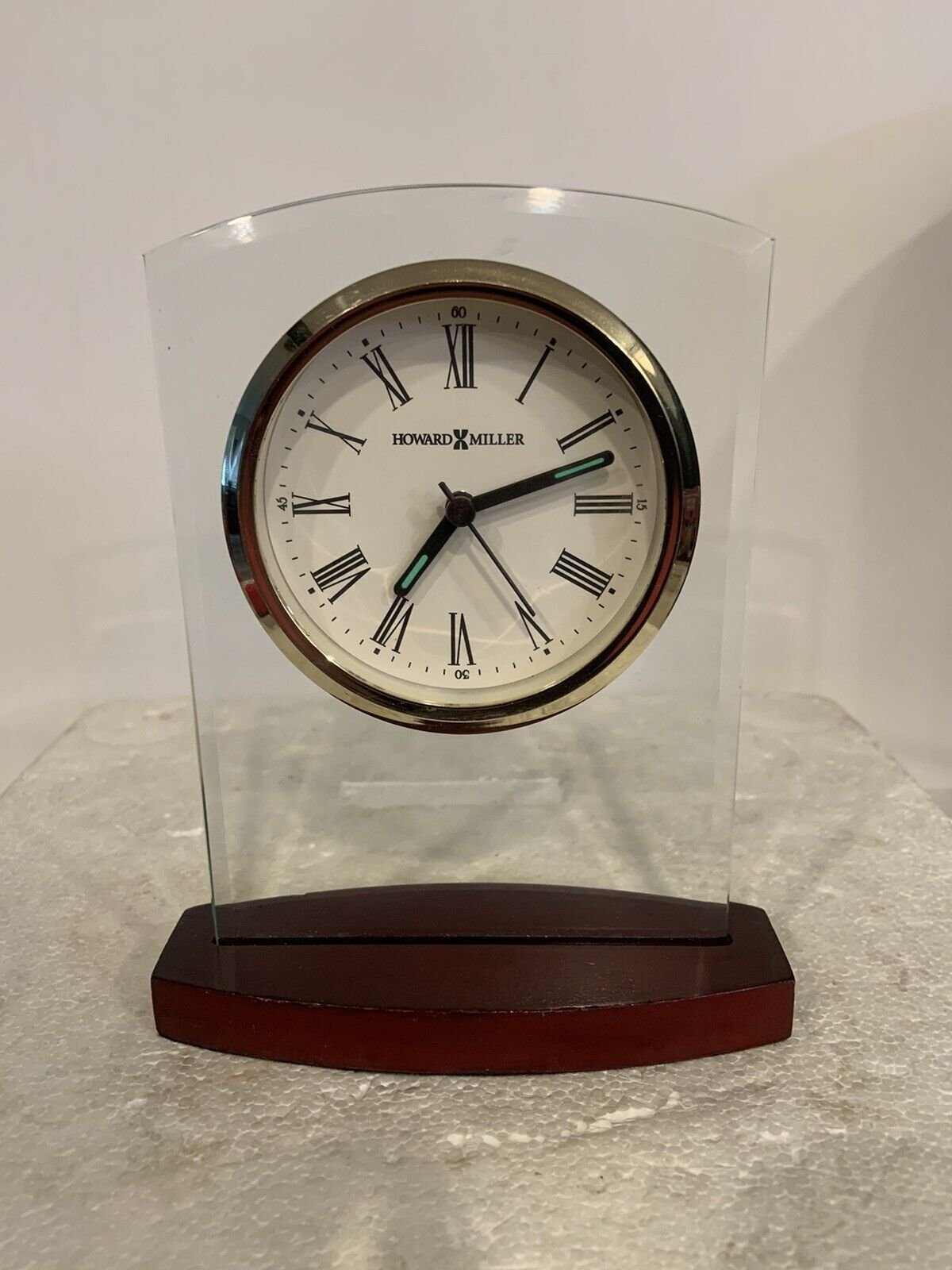 Vntg Howard Miller Desk Clock W/Alarm Wooden Base Glass Frame Tested RARE NICE