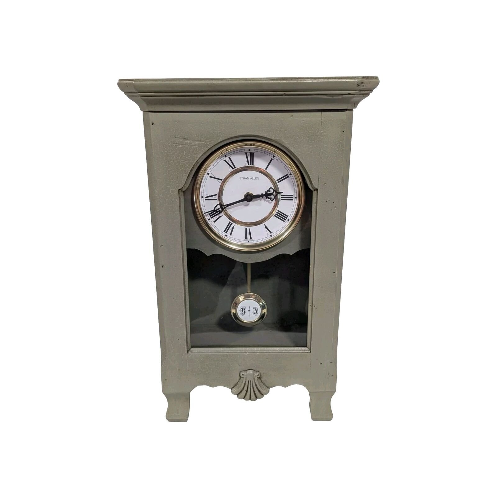 Vtg Ethan Allen Green Distressed Crackle Paint Pendulum Clock with Chime 414050B