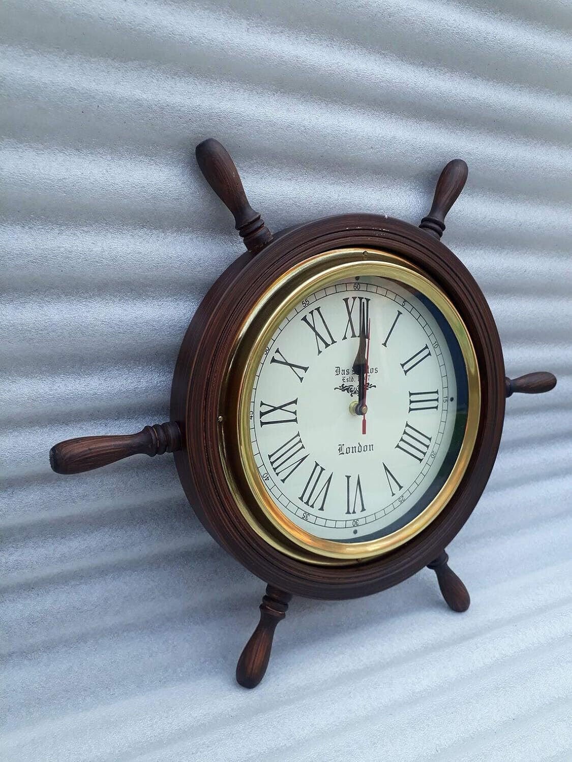 Wall Clock 18" Wooden Brown Ship Wheel Design Roman Number Hanging Clock & Batte