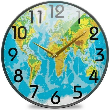 Wellsay Stylish Physical World Map Round Wall Clock, 9.5 Inch Silent Battery Operated Quartz Analog Quiet Desk Clock for Home,Office,School