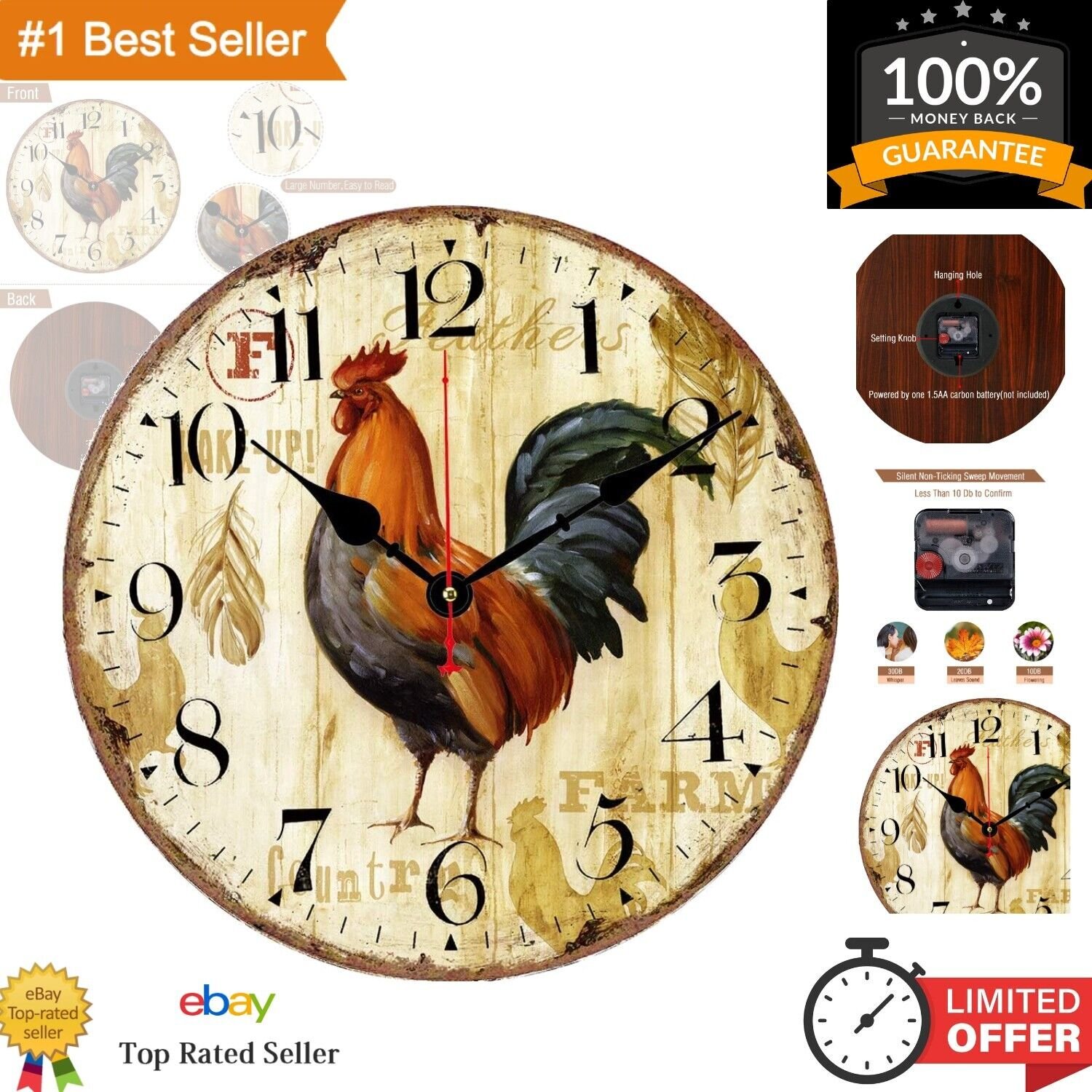 10-Inch Silent Rooster Wall Clock with Vintage Wood Design - Perfect Decor