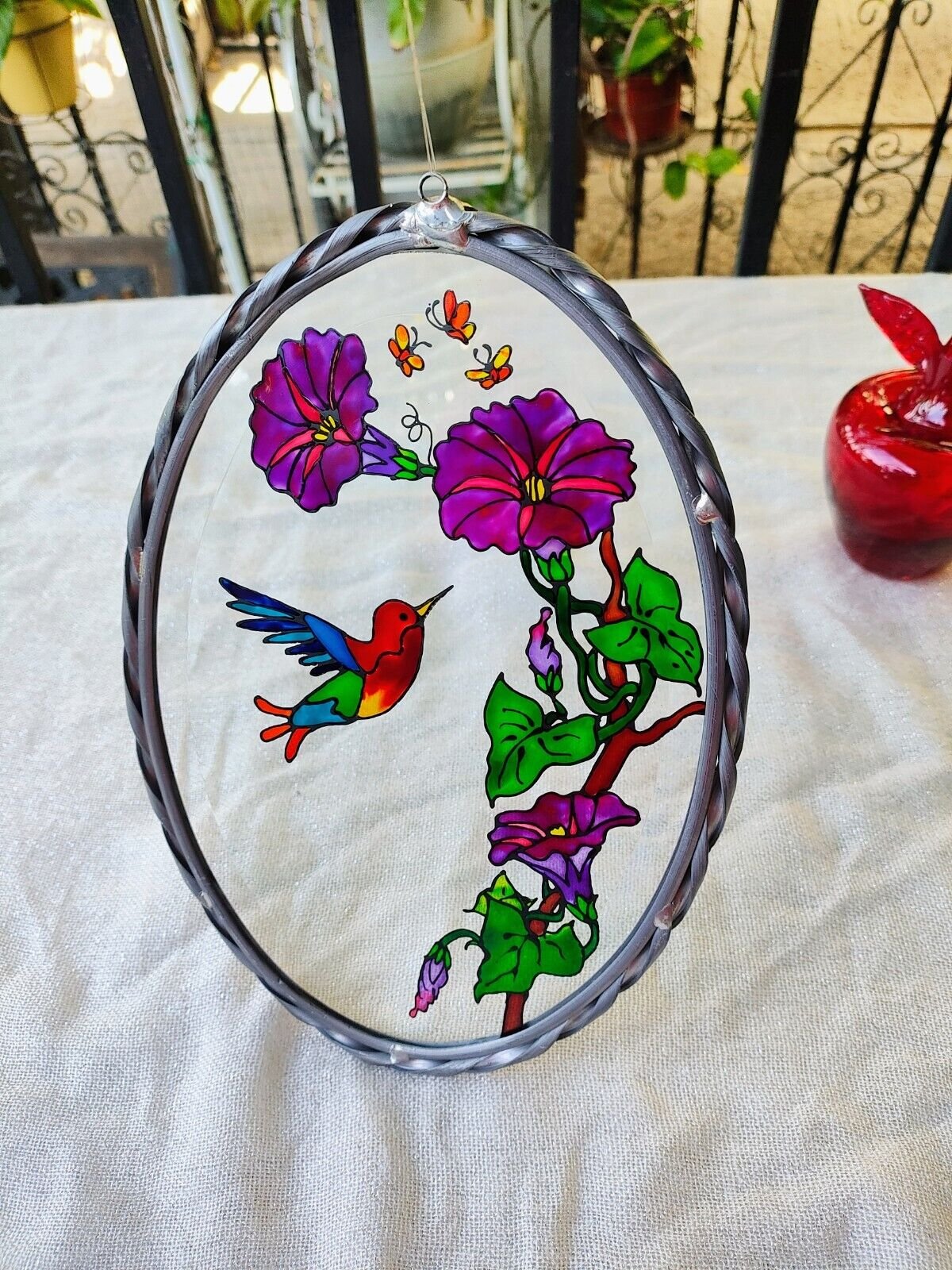 10" Hummingbird and Butterflies Glass Suncatcher