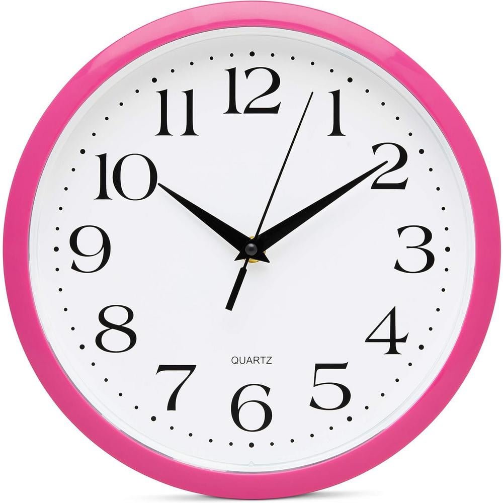 10 in. Round Pink Analog Plastic Frame Non Ticking Wall Clock Battery...