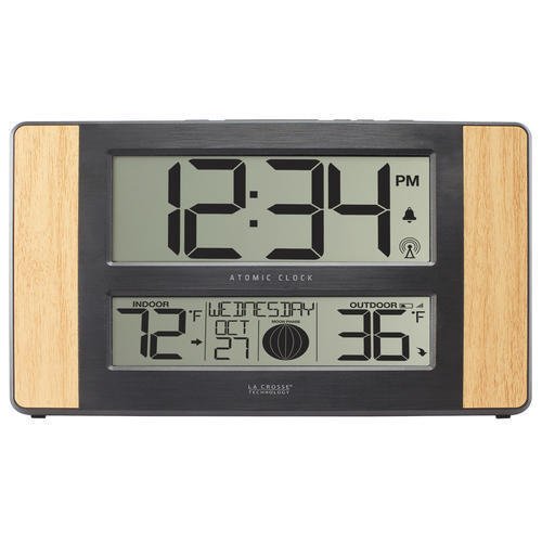 11" Oak Digital Atomic Desk Wall Clock Indoor Outdoor 300 ft Wireless Sensor